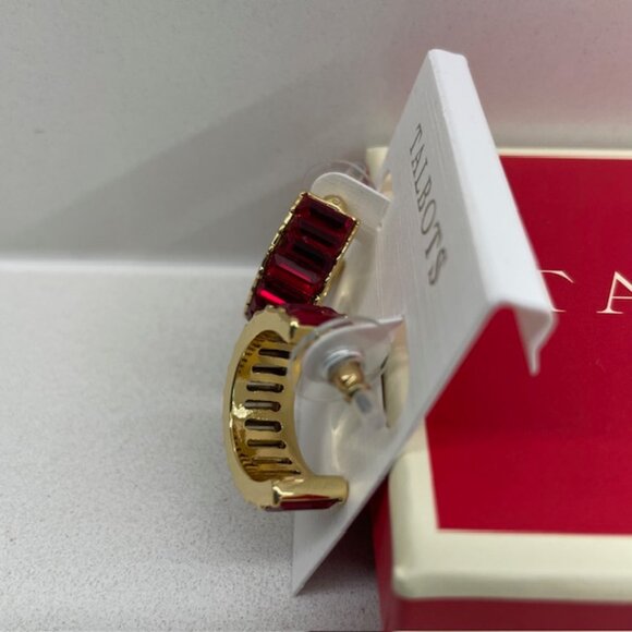NWT Red Baguette Rhinestone Hoop Pierced Earrings Talbots - Picture 3 of 7